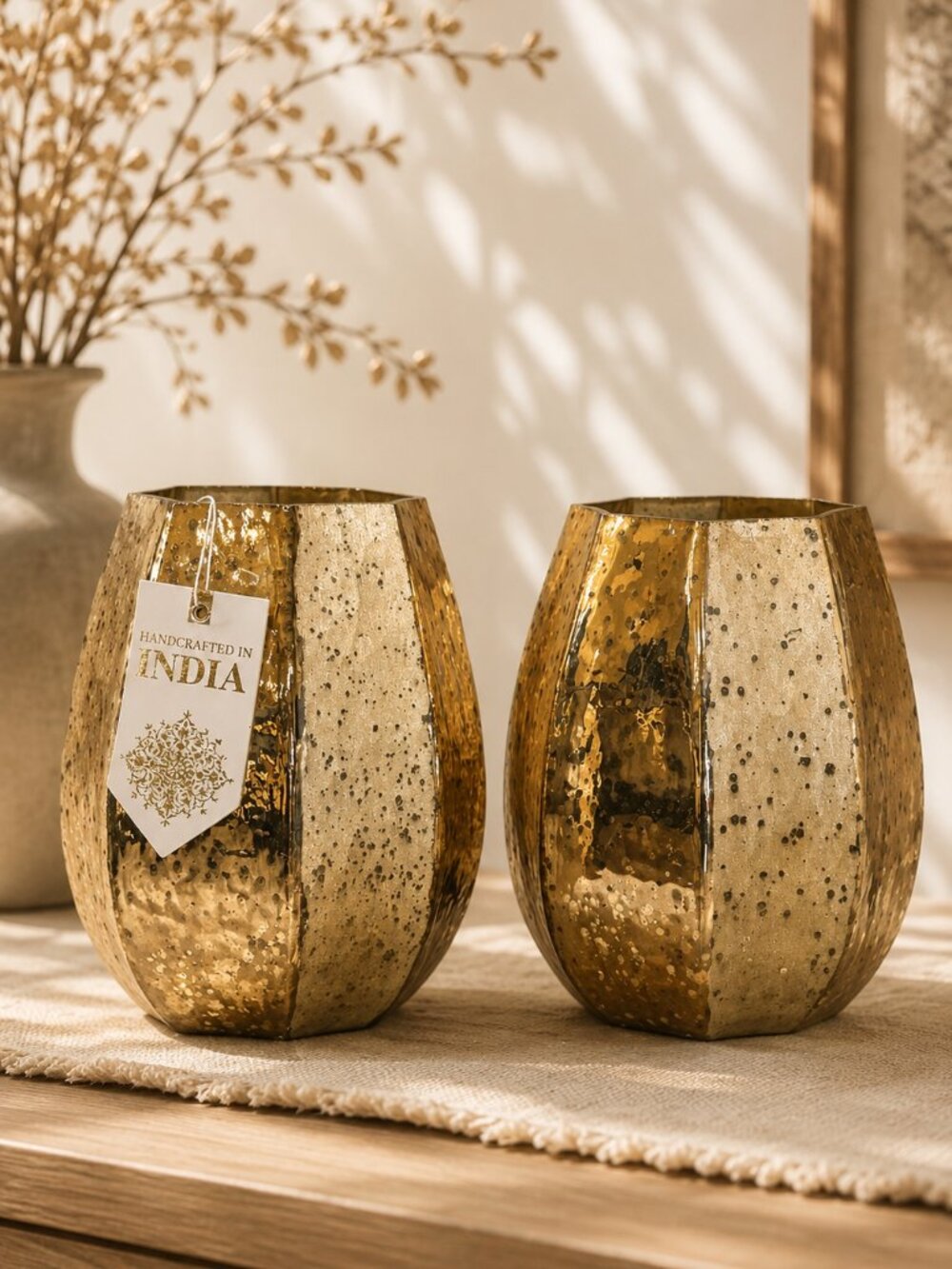 Set of 2 Handcrafted Mercury Glass Geometric Design Candle Holders Antique Style